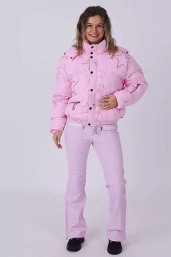 Women OOSC Snow Jackets>Pink With Stars Chic Puffer Jacket