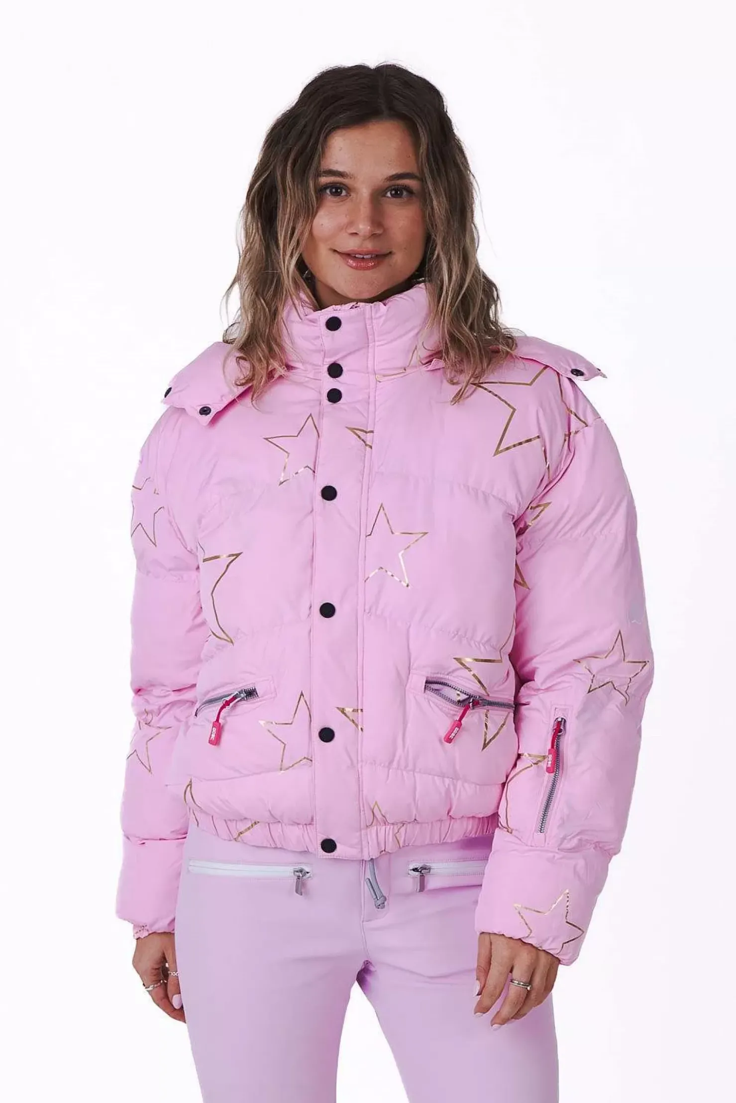 Women OOSC Chic Luxury>Pink With Stars Chic Puffer Jacket