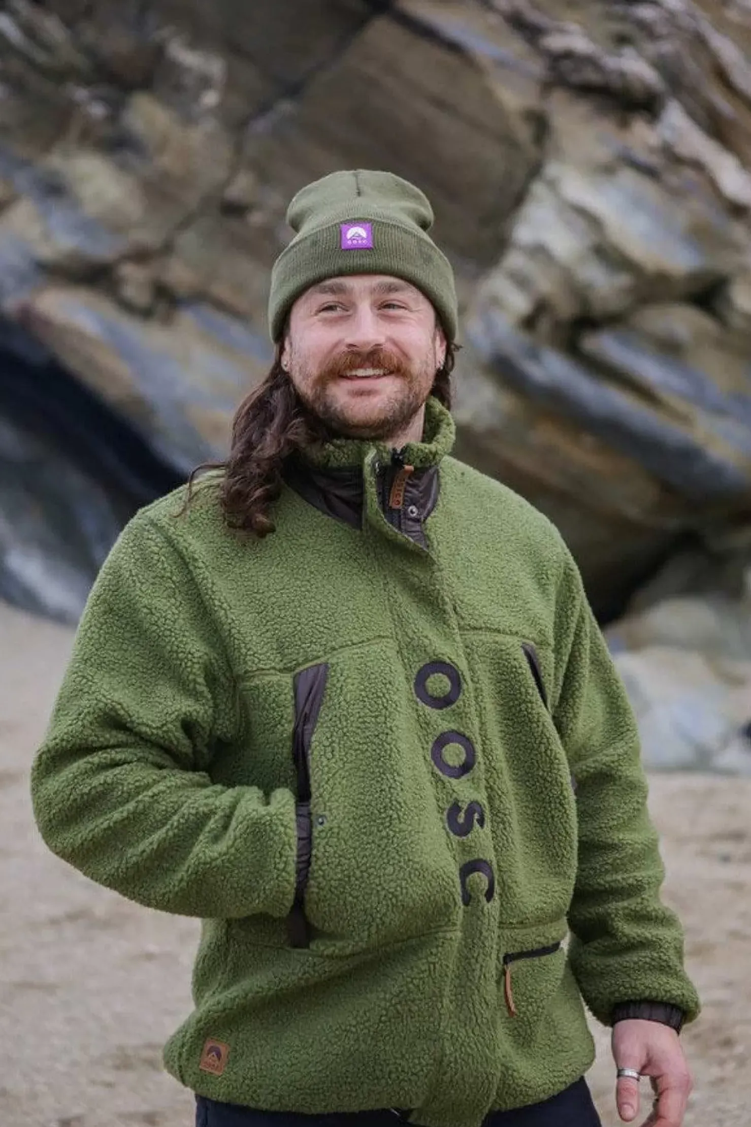 Men OOSC Fleeces>Sherpa Fleece Jacket - Khaki / Black - Men'S