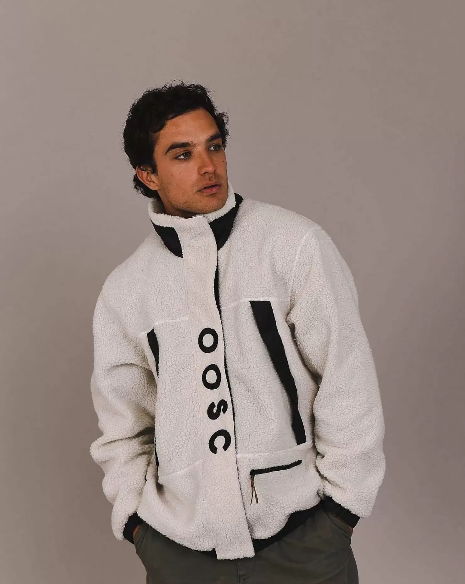 Men OOSC Fleeces>Sherpa Fleece Jacket White / Black - Men'S